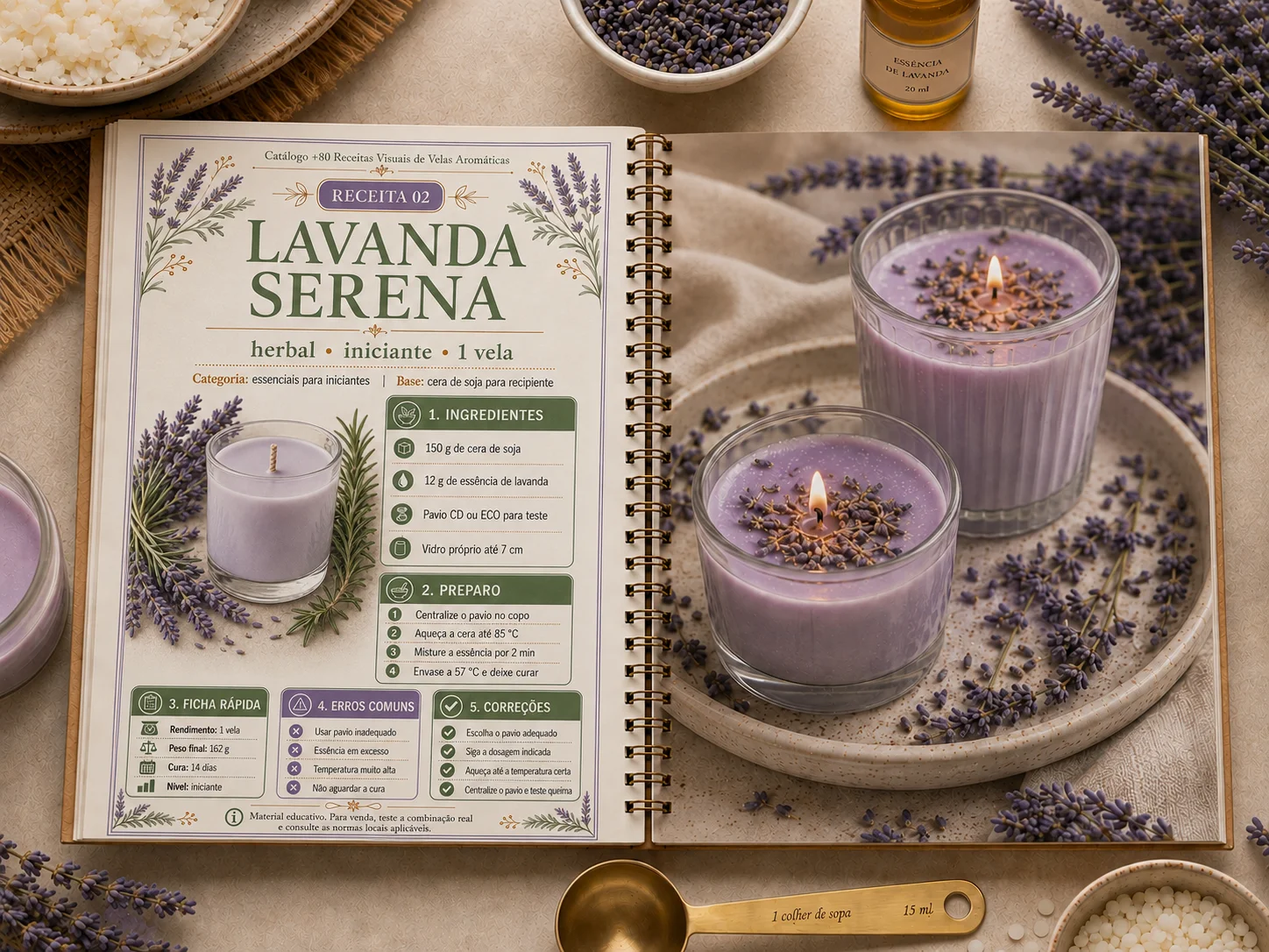 Receita de vela de lavanda aberta no catálogo, ao lado das velas prontas no recipiente
