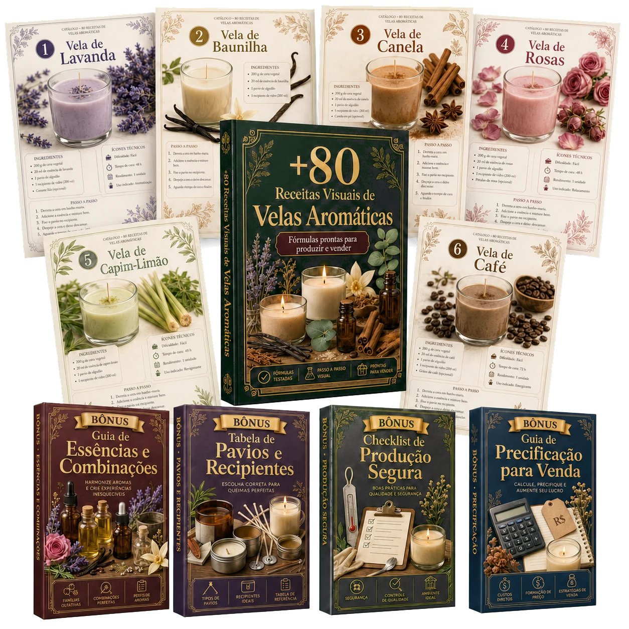 Pacote completo do Catálogo de Velas Aromáticas com receitas e bônus inclusos