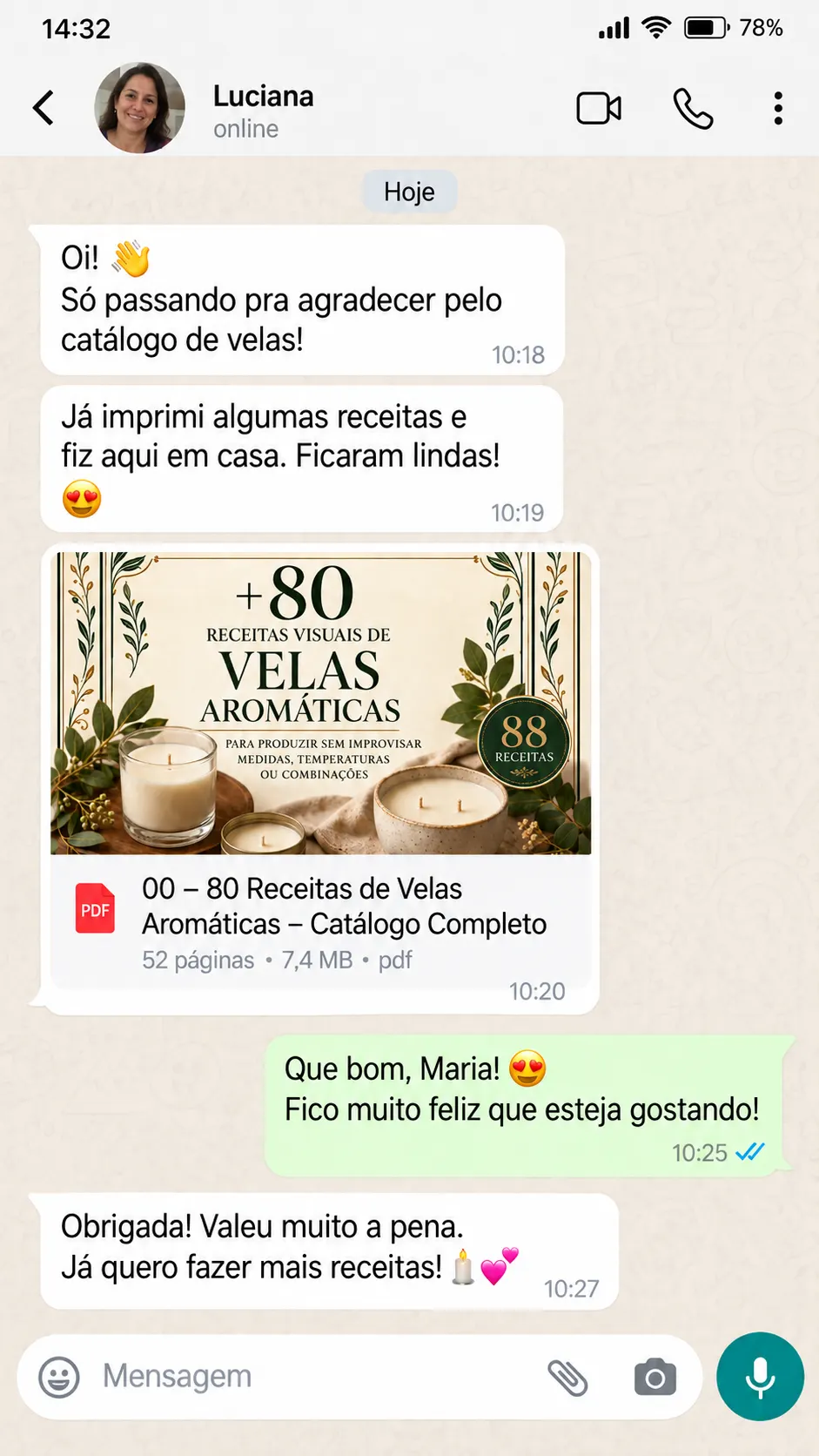 Depoimento de cliente sobre o Catálogo de Velas Aromáticas