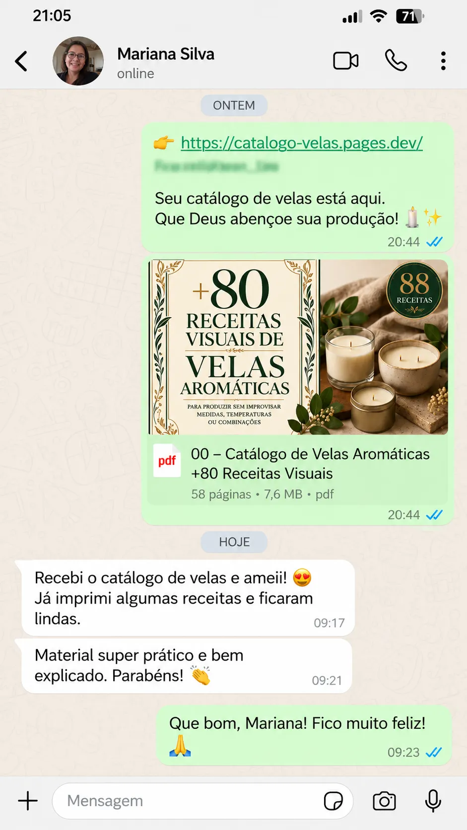 Depoimento de cliente sobre o Catálogo de Velas Aromáticas