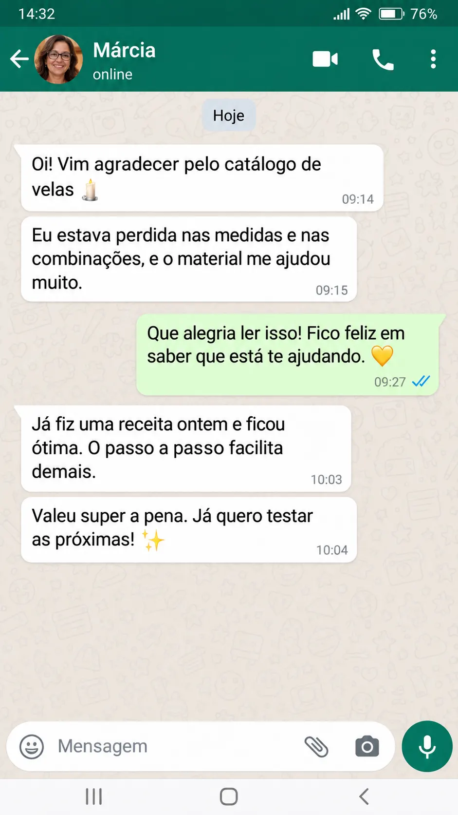 Depoimento de cliente sobre o Catálogo de Velas Aromáticas
