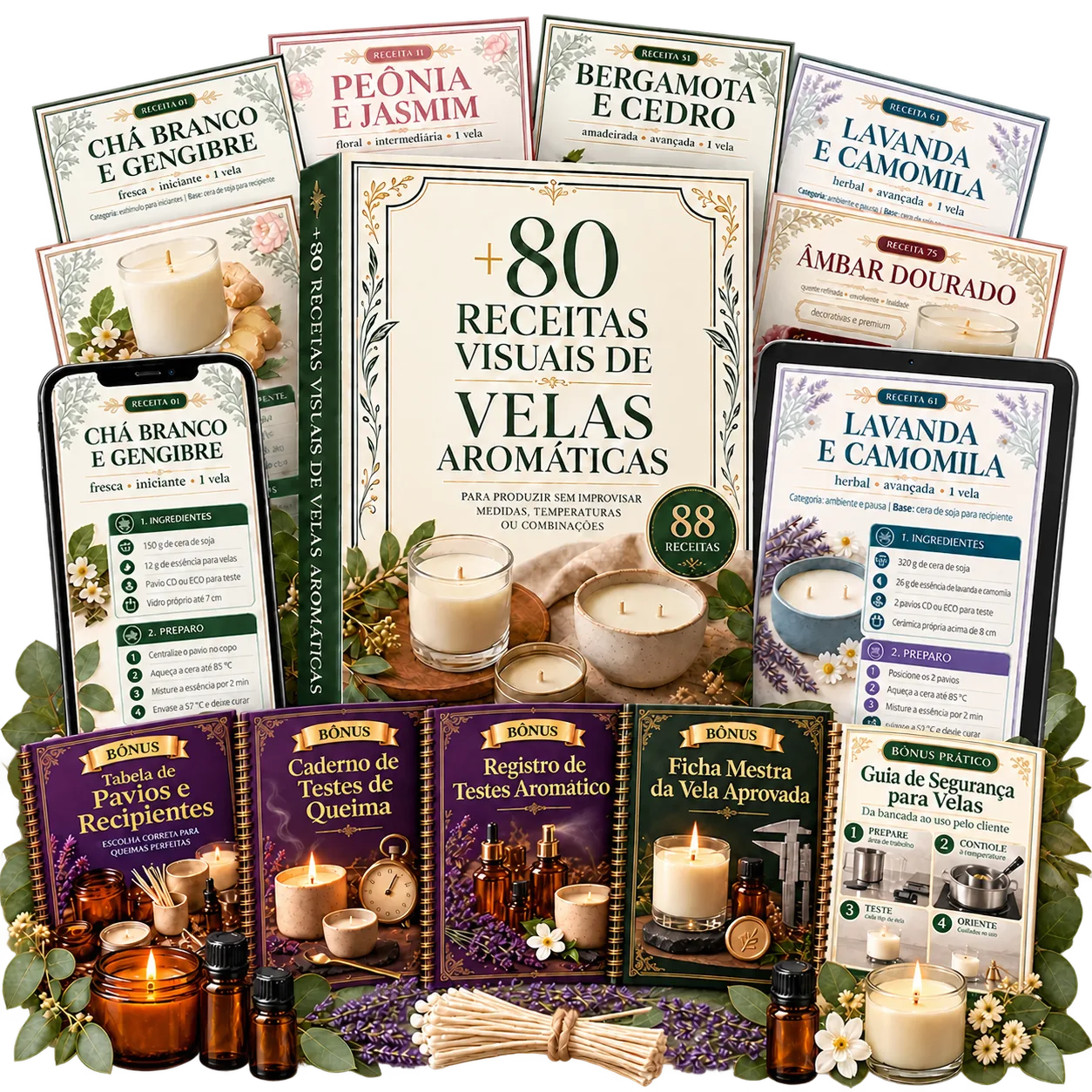 Catálogo de Velas Aromáticas com 88 receitas visuais e cinco bônus