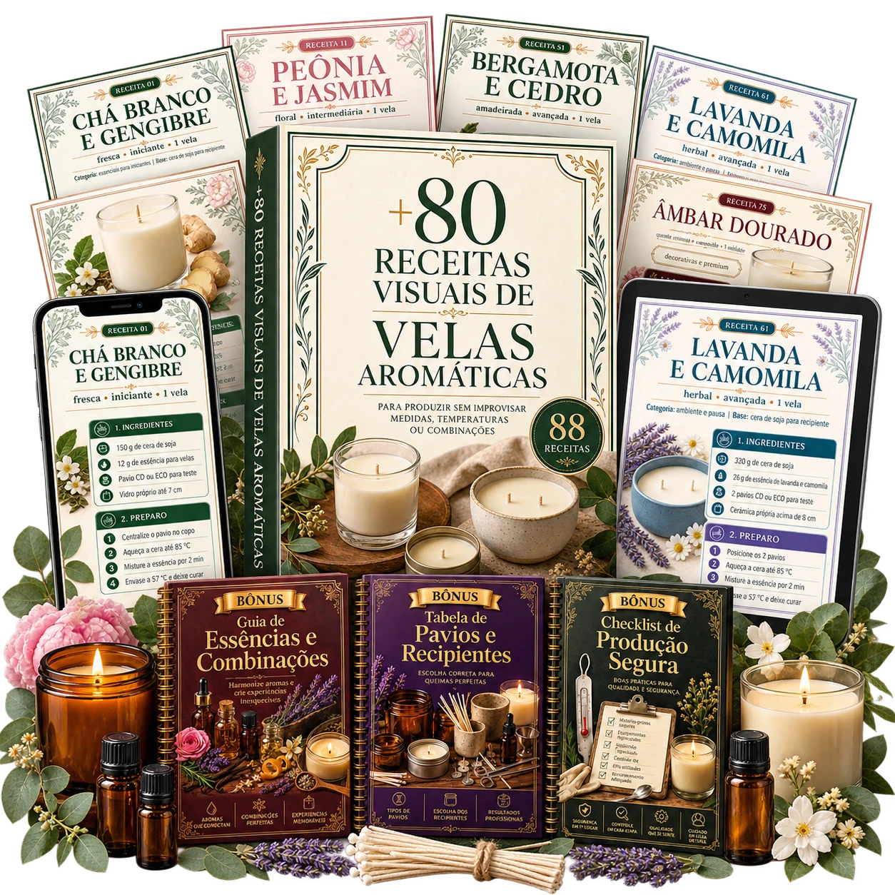 Catálogo de Velas Aromáticas com 88 receitas visuais e três bônus