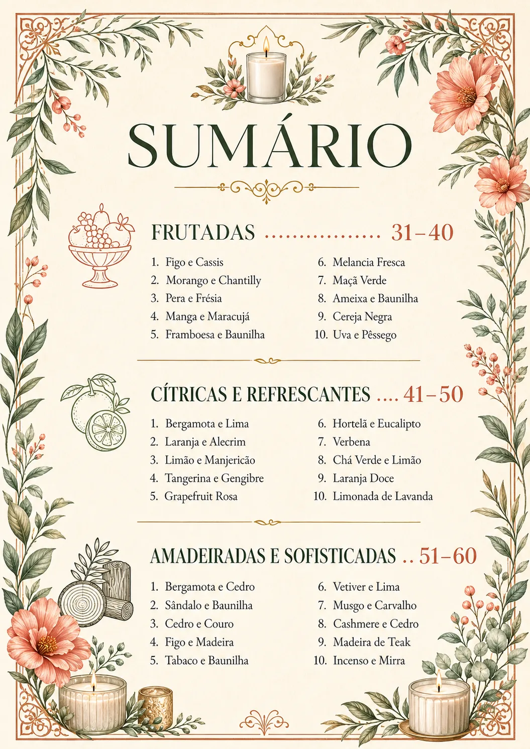 Segunda folha do sumário com as receitas 31 a 60