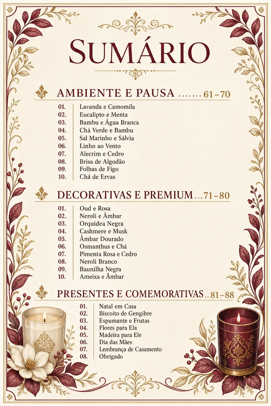 Terceira folha do sumário com as receitas 61 a 88